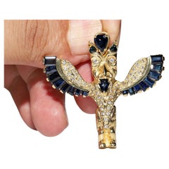Vintage Original 18k Gold Natural Diamond And Sapphire Decorated Owl Pendant