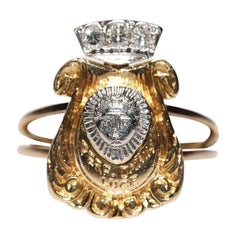 Vintage Original 18k Gold Natural Diamond Decorated  Face Design Written Ring