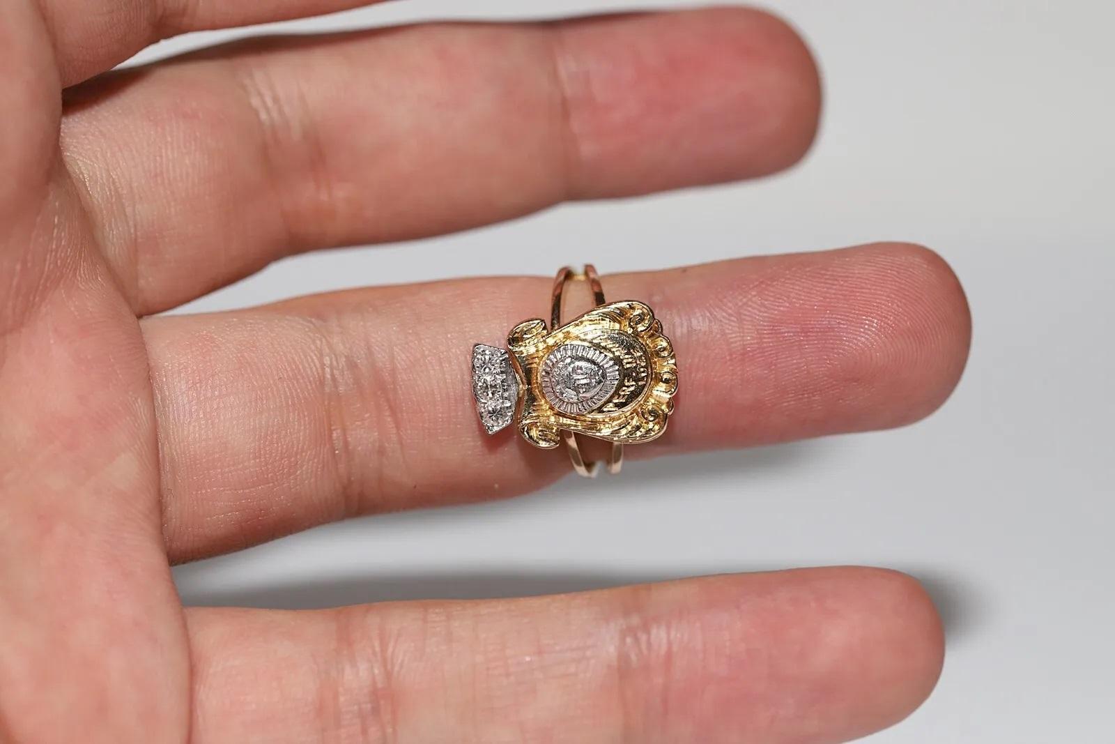 Vintage Original 18k Gold Natural Diamond Decorated  Face Design Written Ring For Sale 4