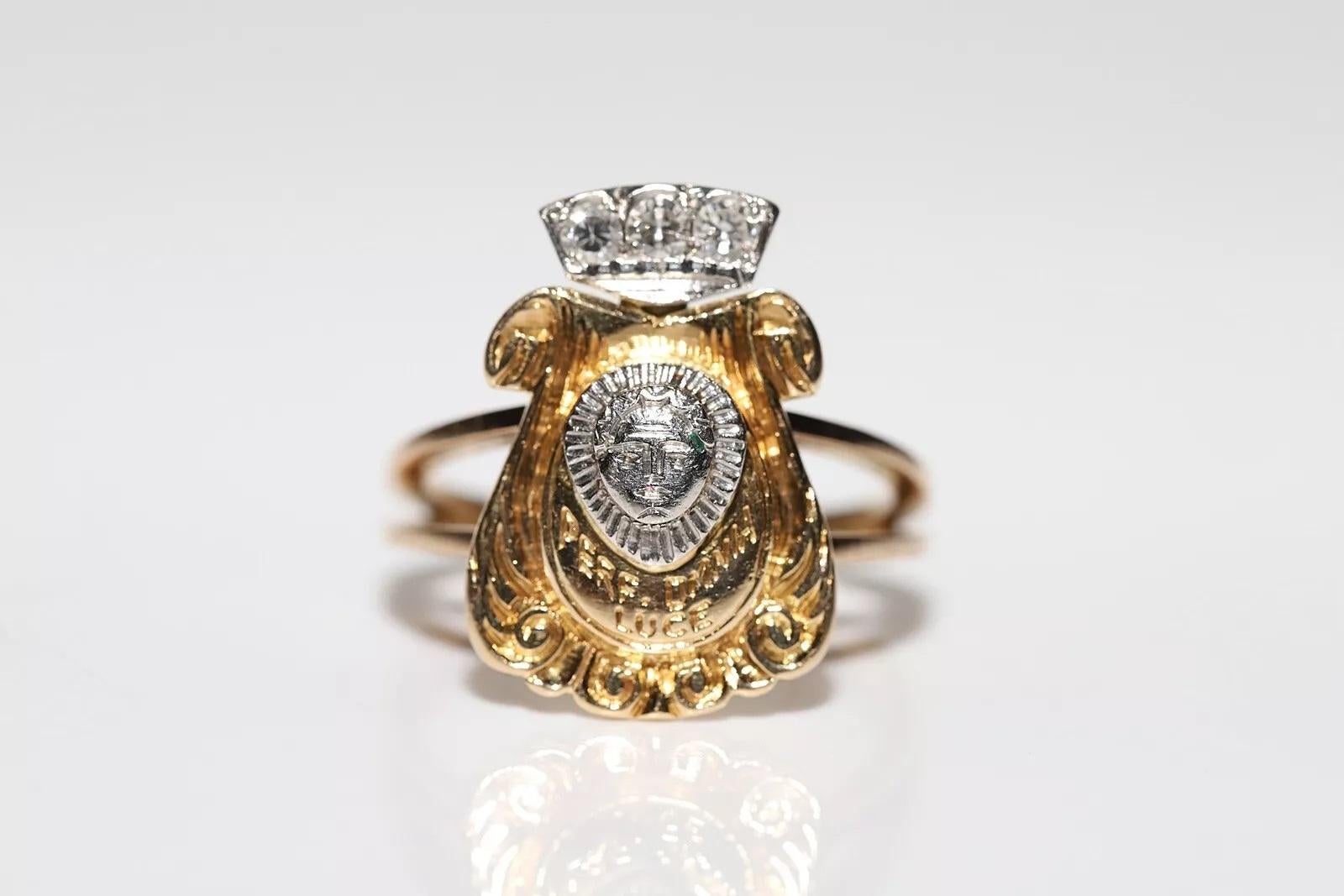 Single Cut Vintage Original 18k Gold Natural Diamond Decorated  Face Design Written Ring For Sale