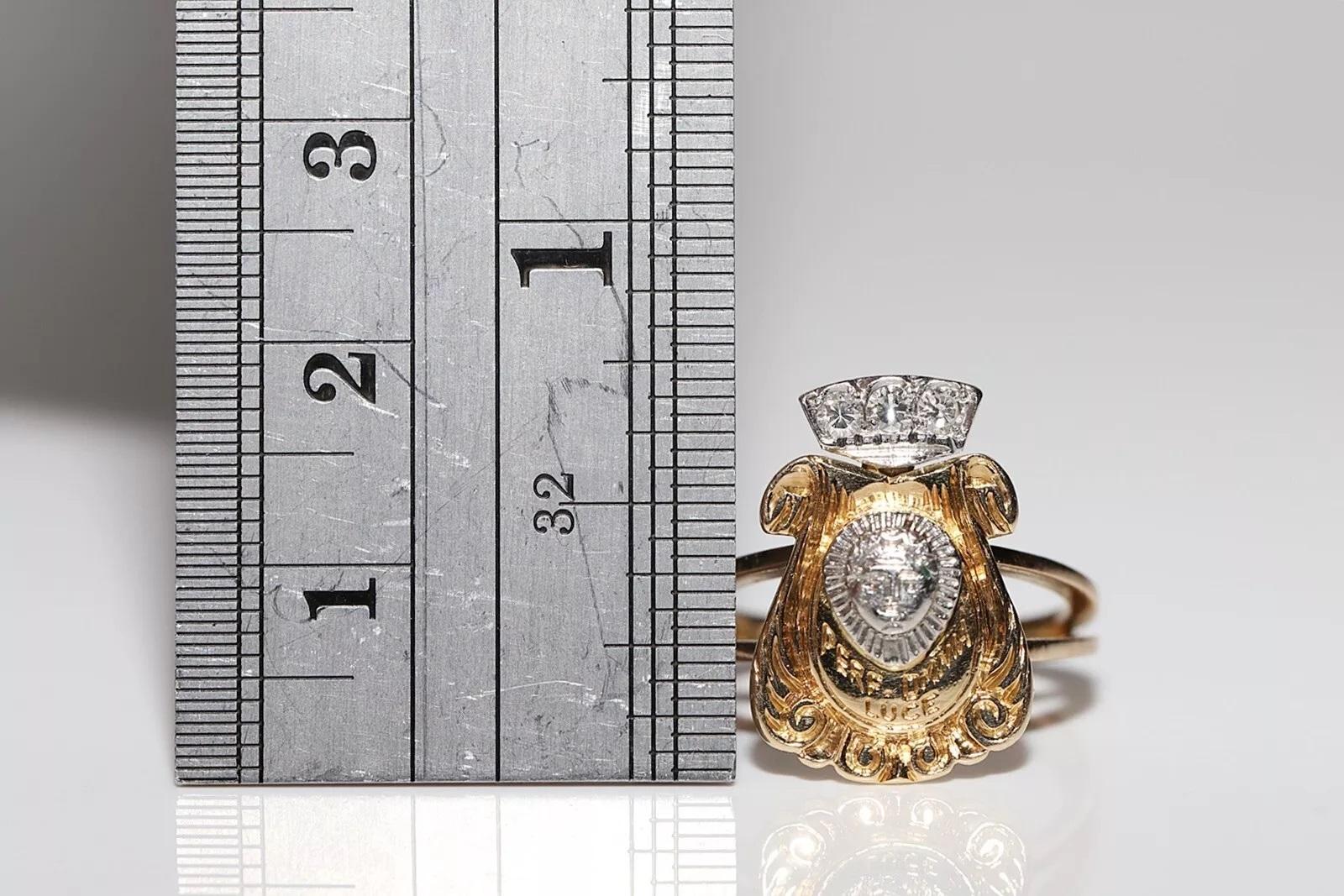 Vintage Original 18k Gold Natural Diamond Decorated  Face Design Written Ring For Sale 2