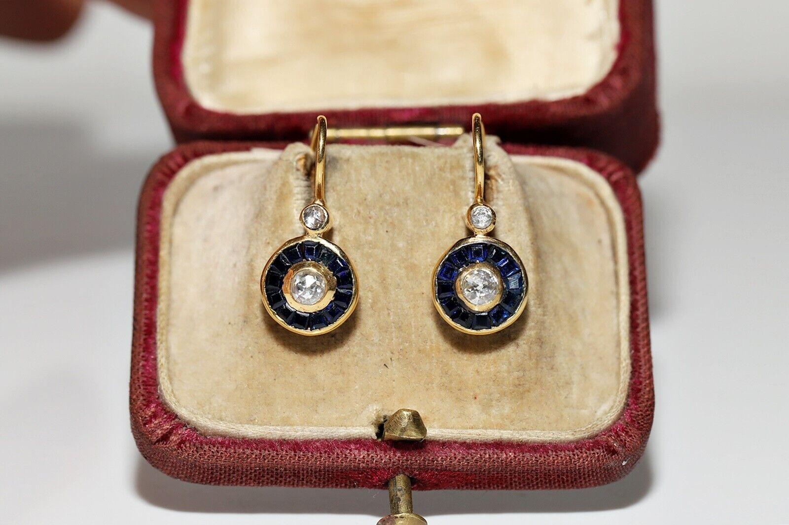 Boucles d'oreilles vintage originales en or 18 carats, diamants naturels taille rose et saphirs calibrés 6