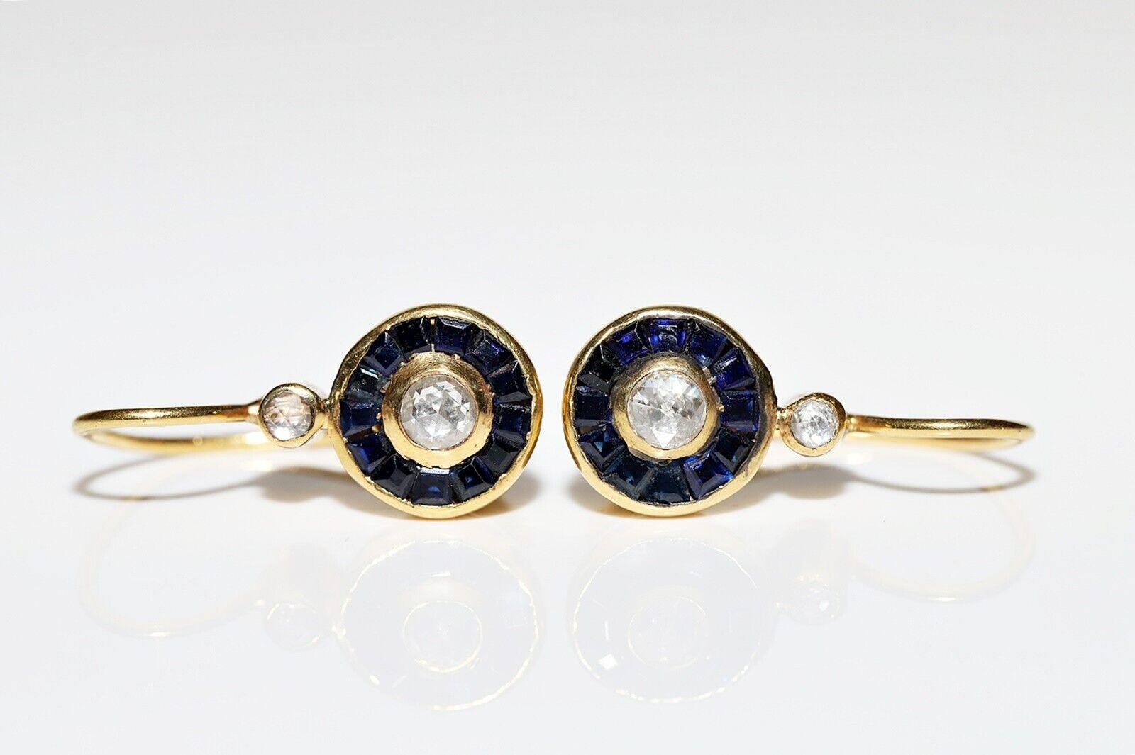 Retro Vintage Original 18K Gold Natural Rose Cut Diamond And Caliber Sapphire Earring