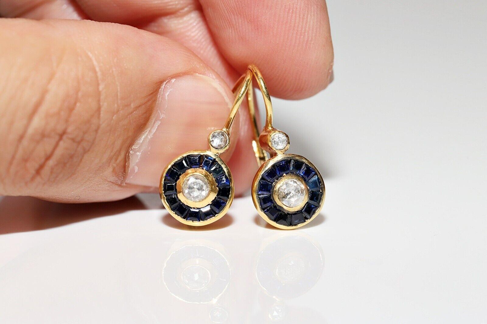 Boucles d'oreilles vintage originales en or 18 carats, diamants naturels taille rose et saphirs calibrés 1