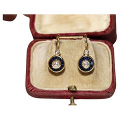 Boucles d'oreilles vintage originales en or 18 carats, diamants naturels taille rose et saphirs calibrés