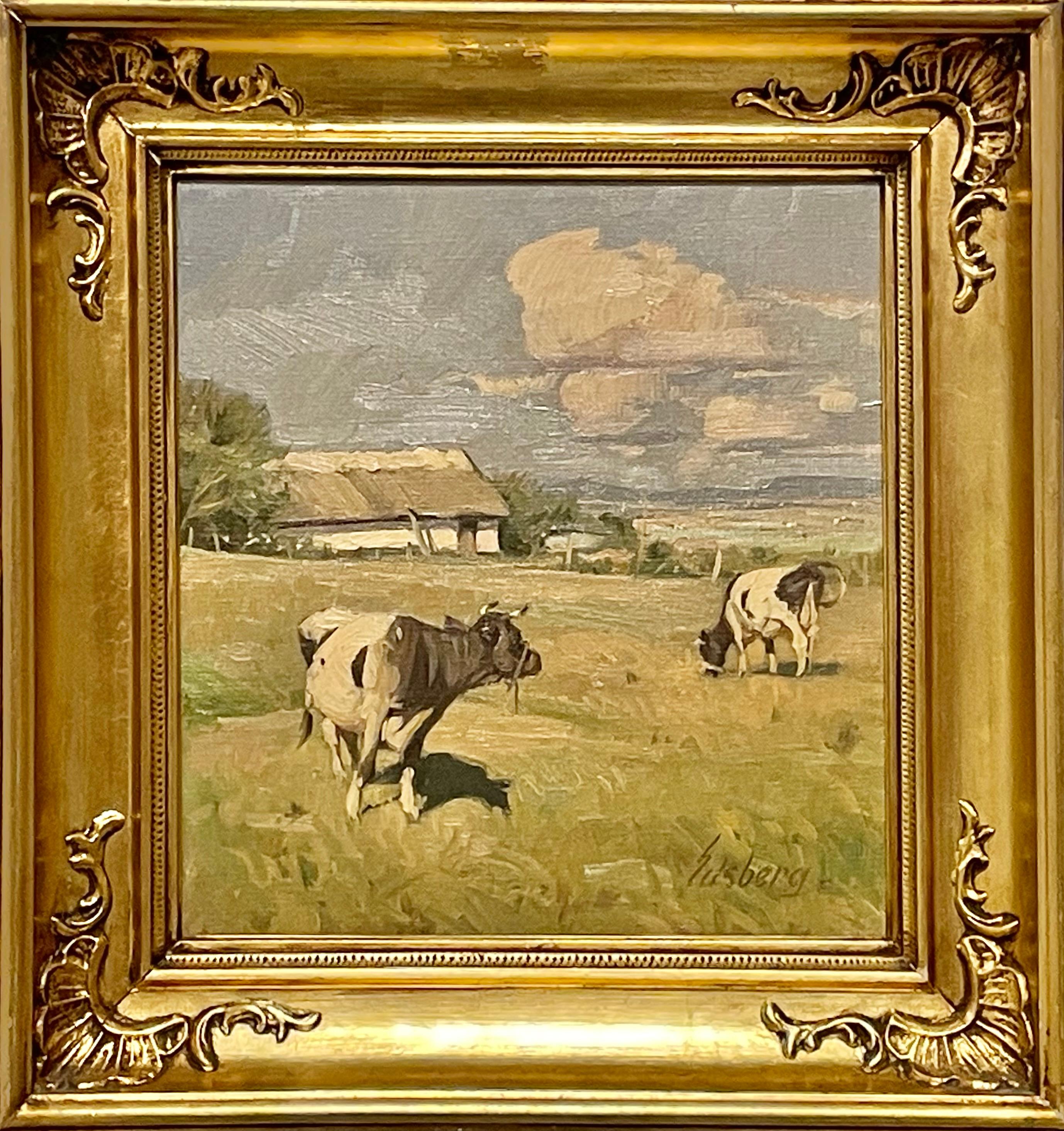 This is an oil on canvas landscape painting by Knud Edsberg (1911-2003) from Denmark estimated to be from the 1950s.
The motive is cows in a field.

The painting is signed in the bottom right corner and framed in a gold painted wooden frame.

Good