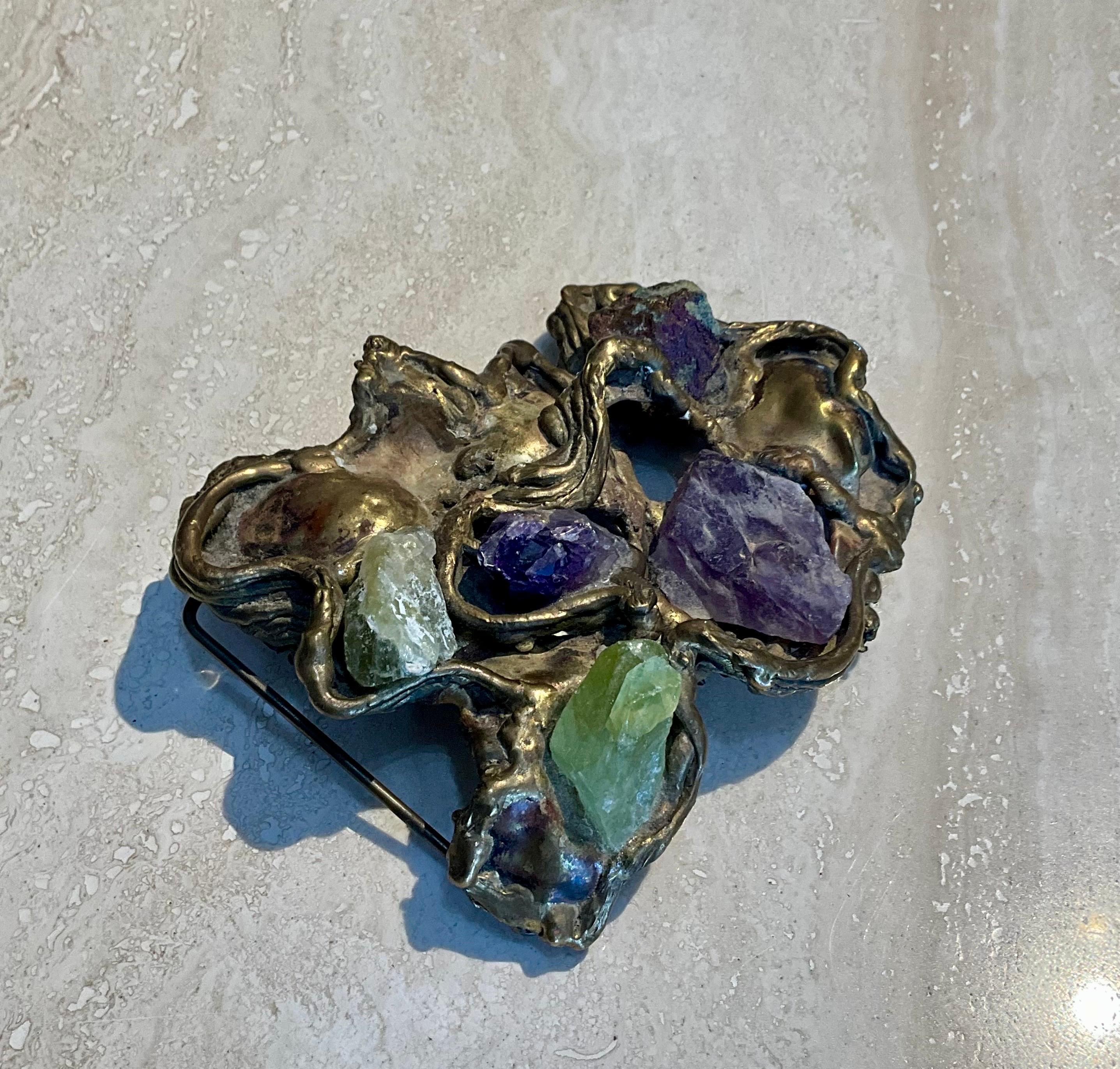 Black Vintage Original 1960s Brass Belt Buckle with Gemstones For Sale