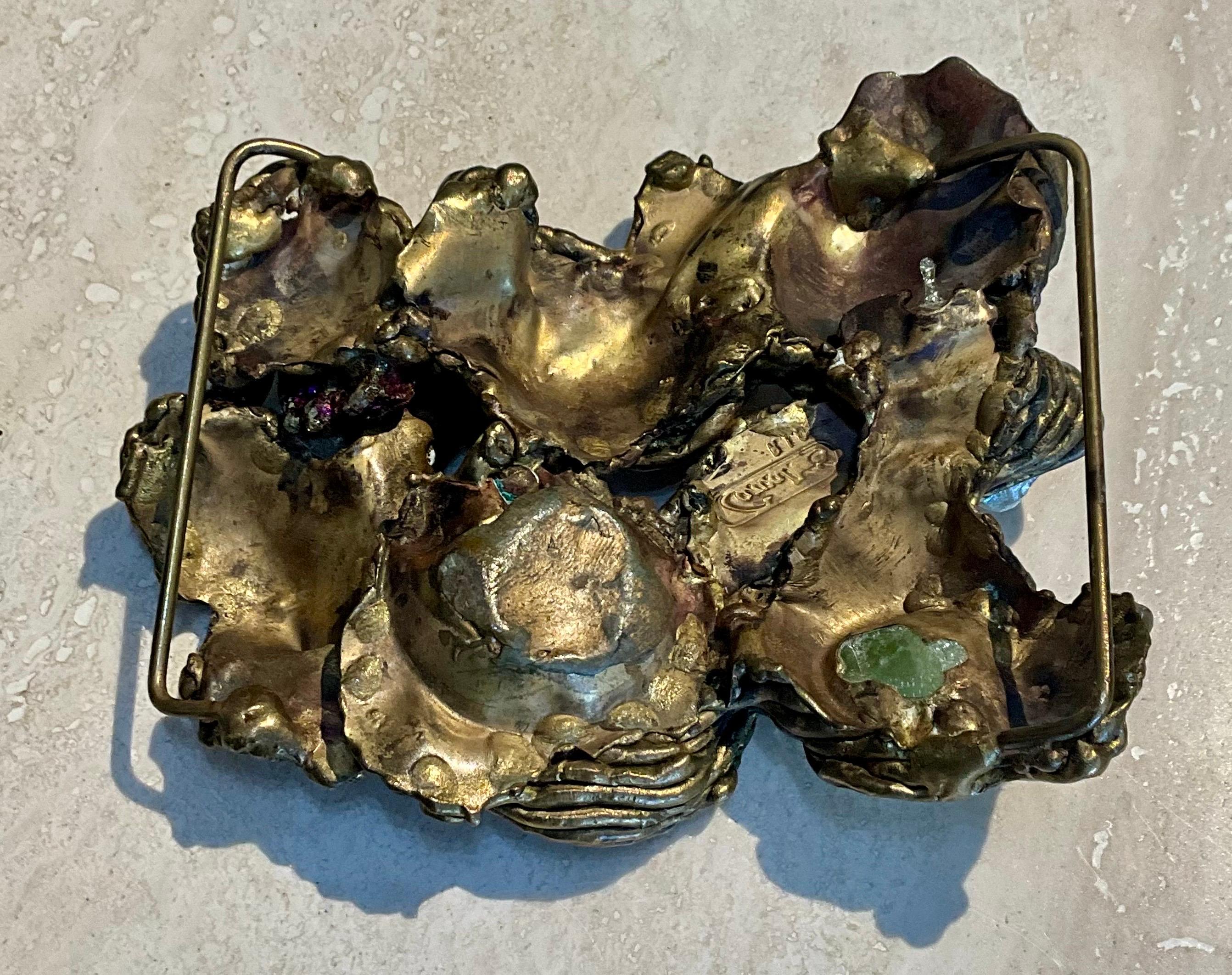 Vintage Original 1960s Brass Belt Buckle with Gemstones In Good Condition For Sale In Lake Worth Beach, FL
