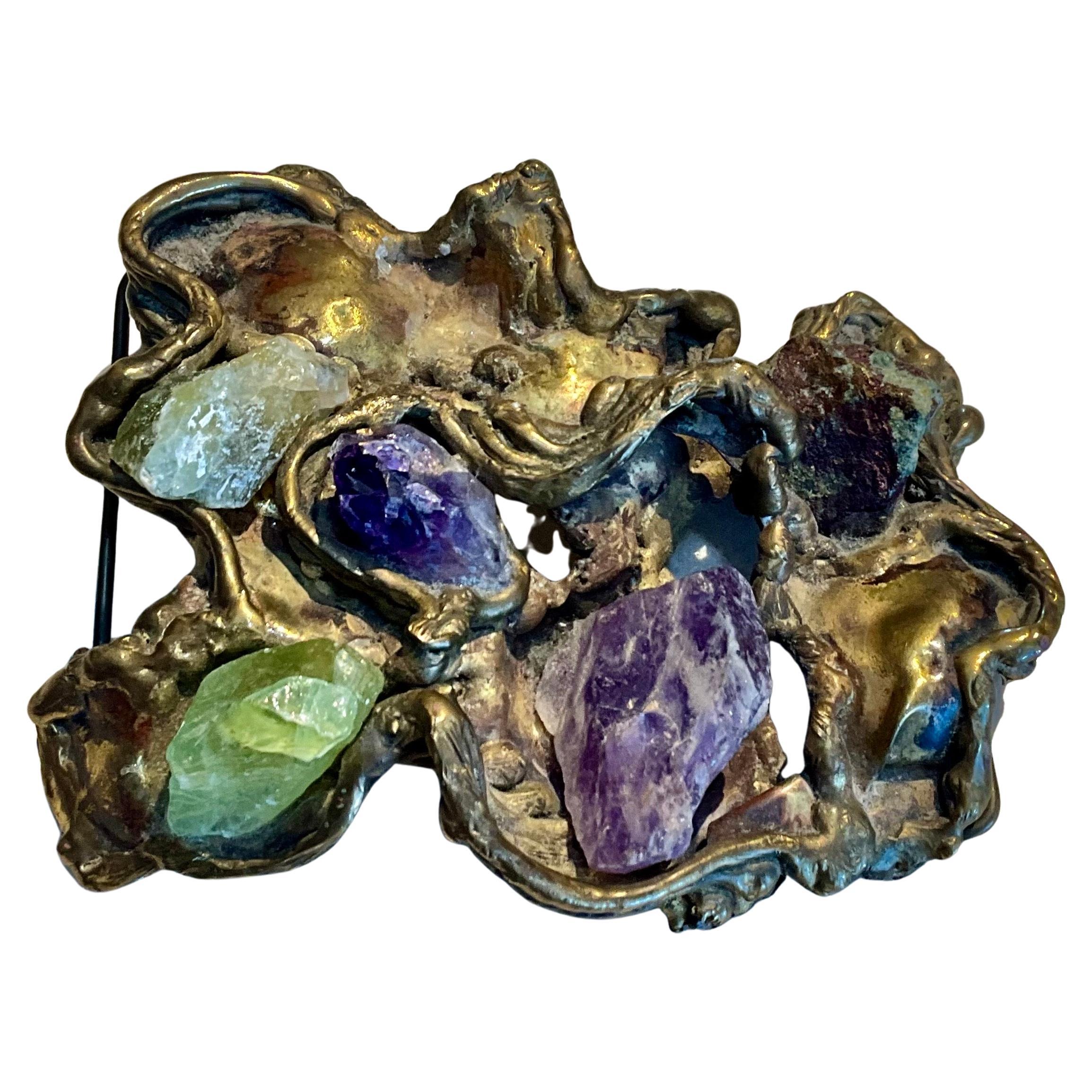 Vintage Original 1960s Brass Belt Buckle with Gemstones For Sale