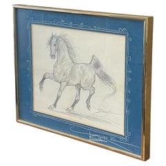 Dessin original du crayon d'un cheval cabré en mouvement signé, 1985