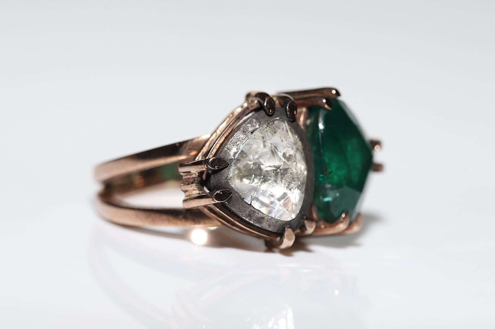 Original Vintage Original 8k Gold Natürlicher Rosenschliff Diamant und Smaragd Dekorierter Ring im Angebot 4