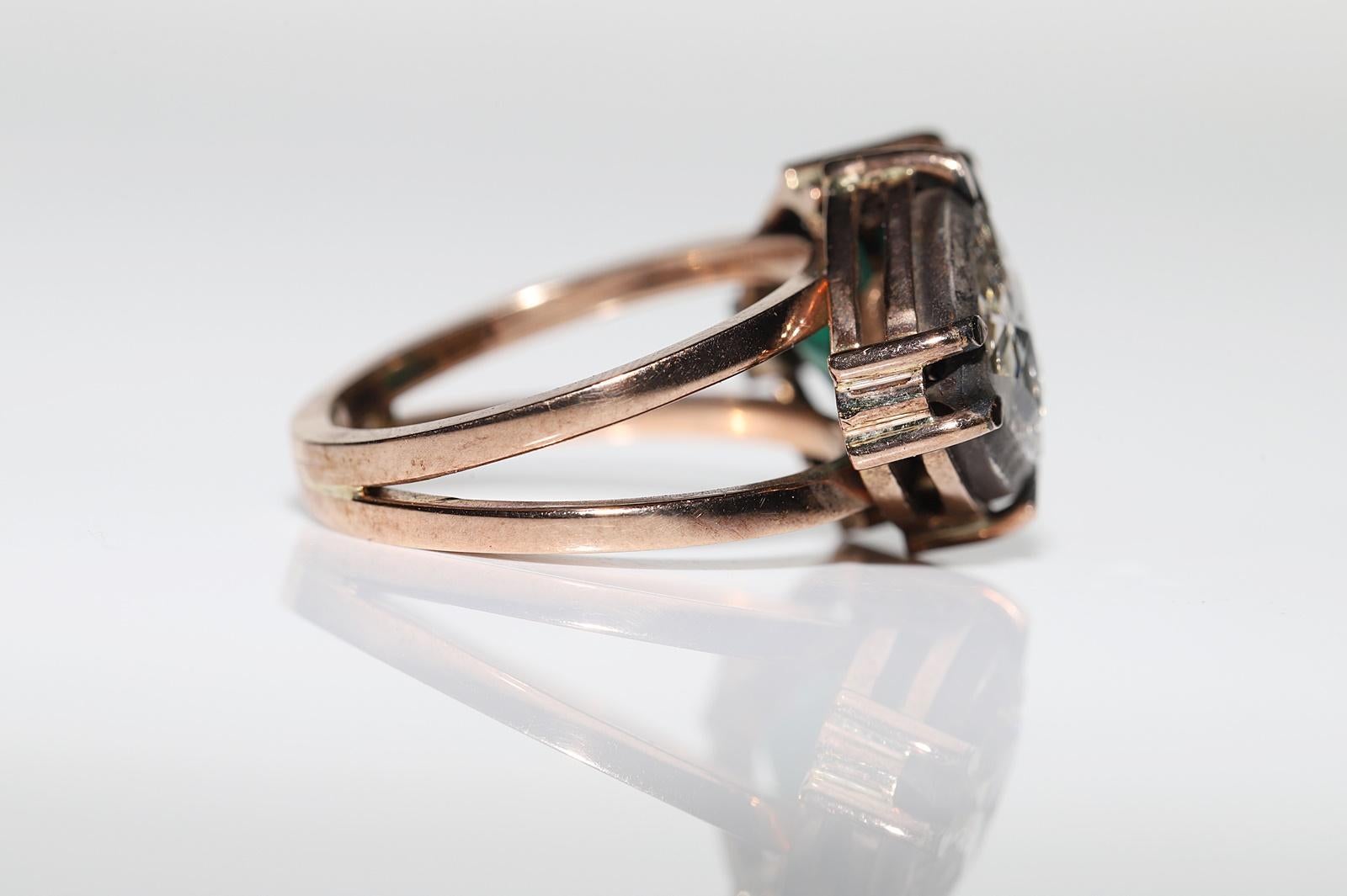 Original Vintage Original 8k Gold Natürlicher Rosenschliff Diamant und Smaragd Dekorierter Ring im Angebot 5