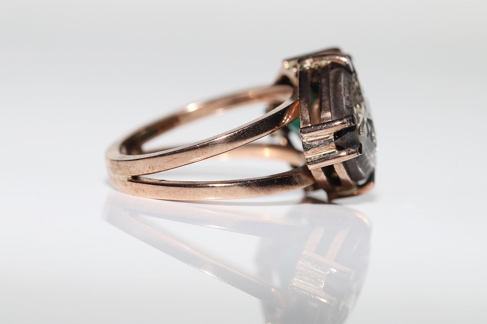 Vintage Original 8k Gold Natural Rose Cut Diamond And Emerald Decorated Ring 3