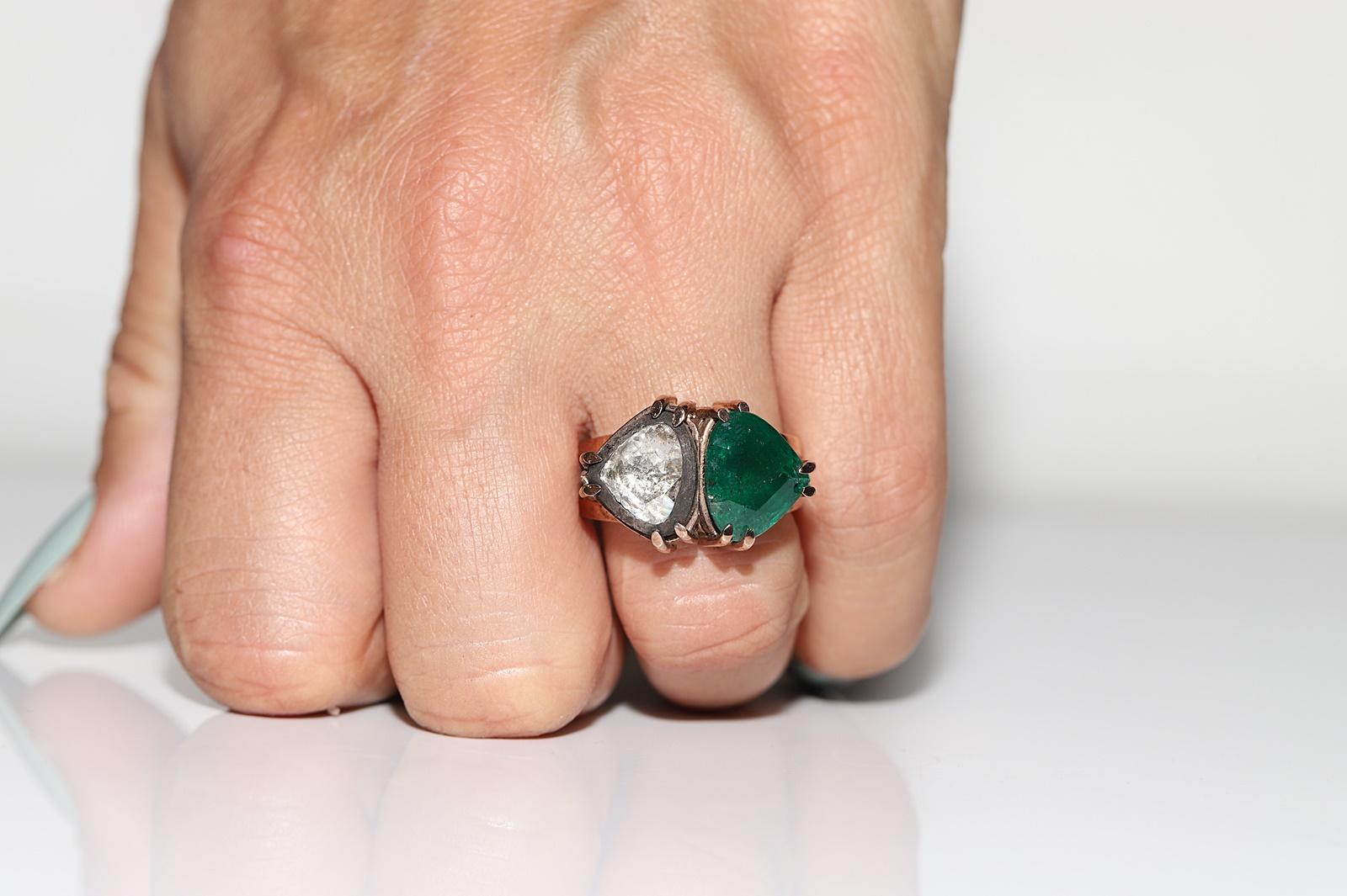 Vintage Original 8k Gold Natural Rose Cut Diamond And Emerald Decorated Ring For Sale 8