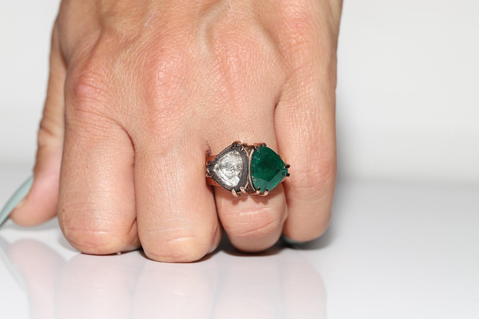 Vintage Original 8k Gold Natural Rose Cut Diamond And Emerald Decorated Ring 5