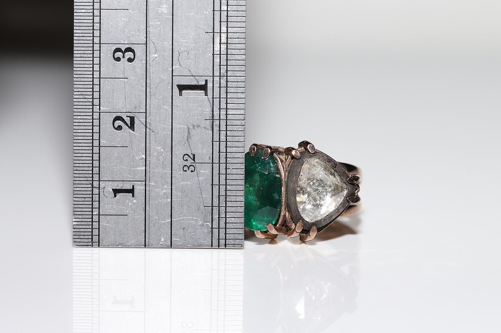 Original Vintage Original 8k Gold Natürlicher Rosenschliff Diamant und Smaragd Dekorierter Ring im Angebot 1
