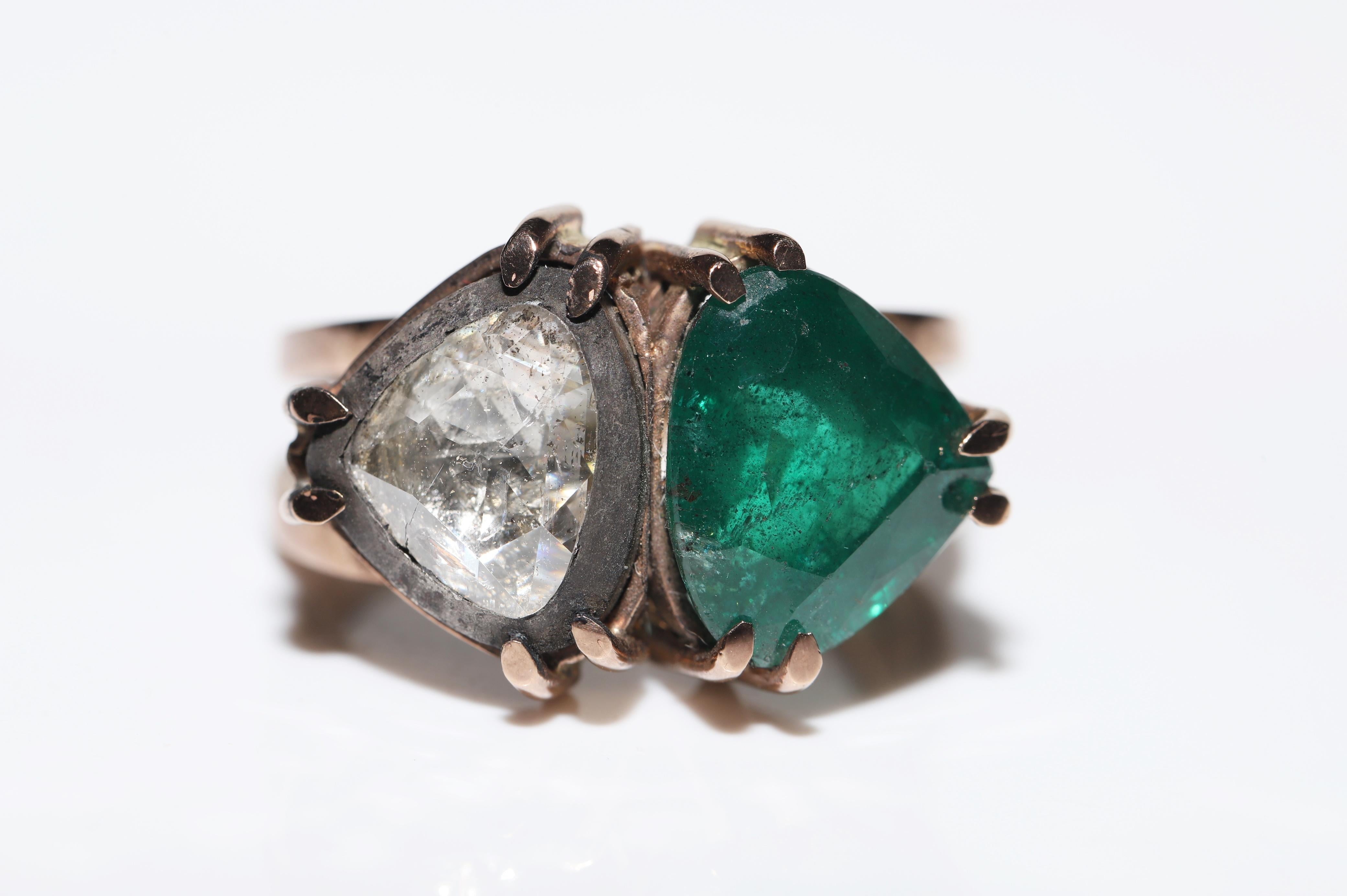 Original Vintage Original 8k Gold Natürlicher Rosenschliff Diamant und Smaragd Dekorierter Ring im Angebot 3