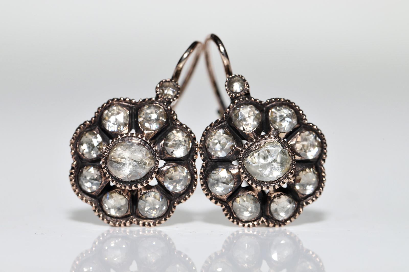 Vintage Original 8k Gold Natural Rose Cut Diamond Decorated Earring  In Good Condition For Sale In Fatih/İstanbul, 34