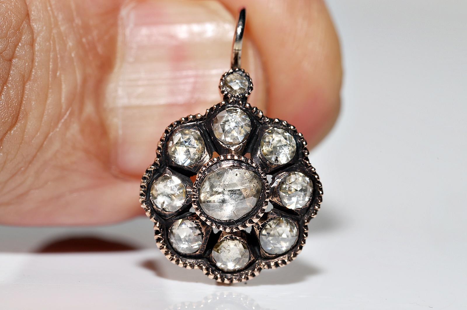 Vintage Original 8k Gold Natural Rose Cut Diamond Decorated Earring  For Sale 1