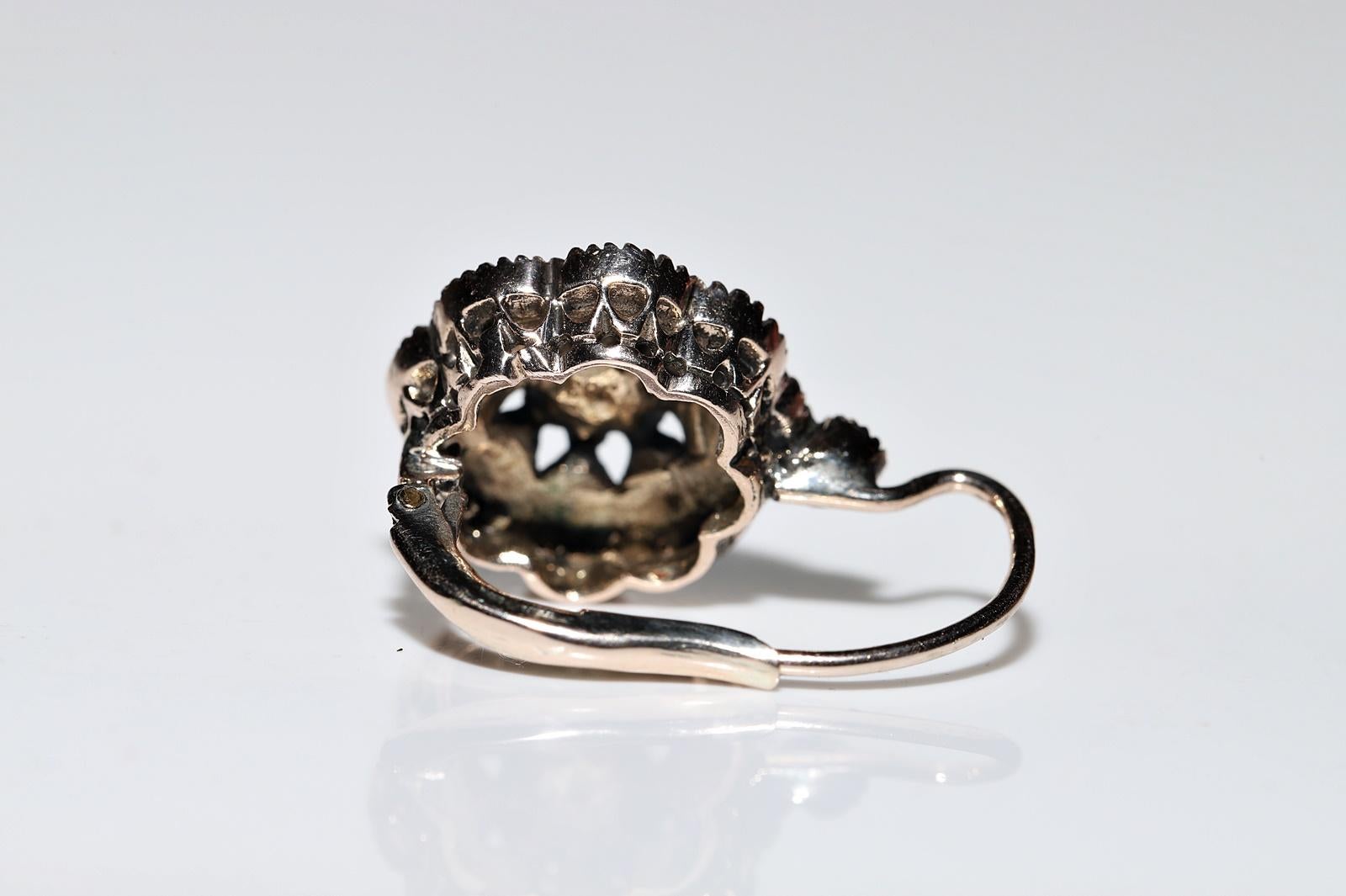 Pendiente original vintage de oro de 8k decorado con diamantes naturales talla rosa en venta 2