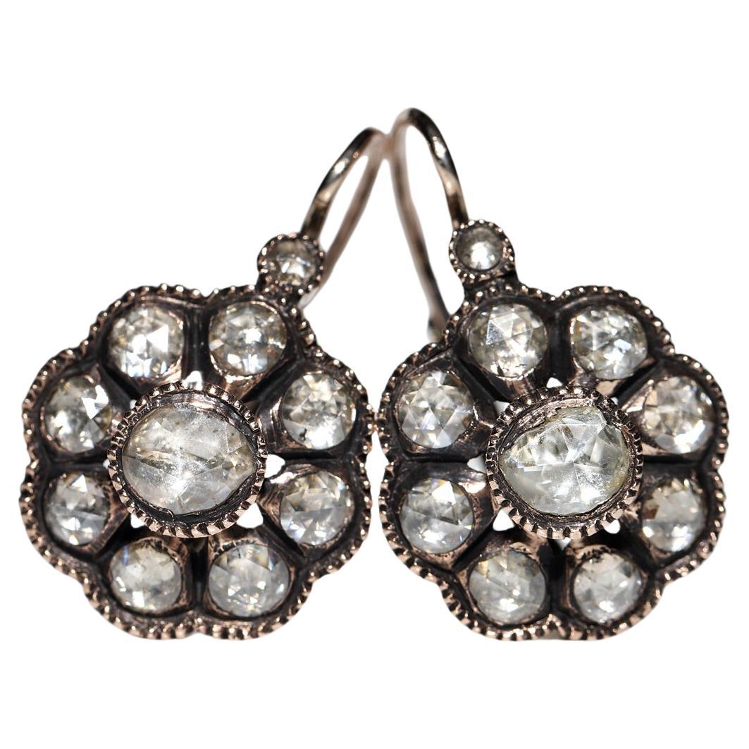 Original Vintage Original 8k Gold Natürlicher Rosenschliff Diamant-Ohrring mit Dekoration