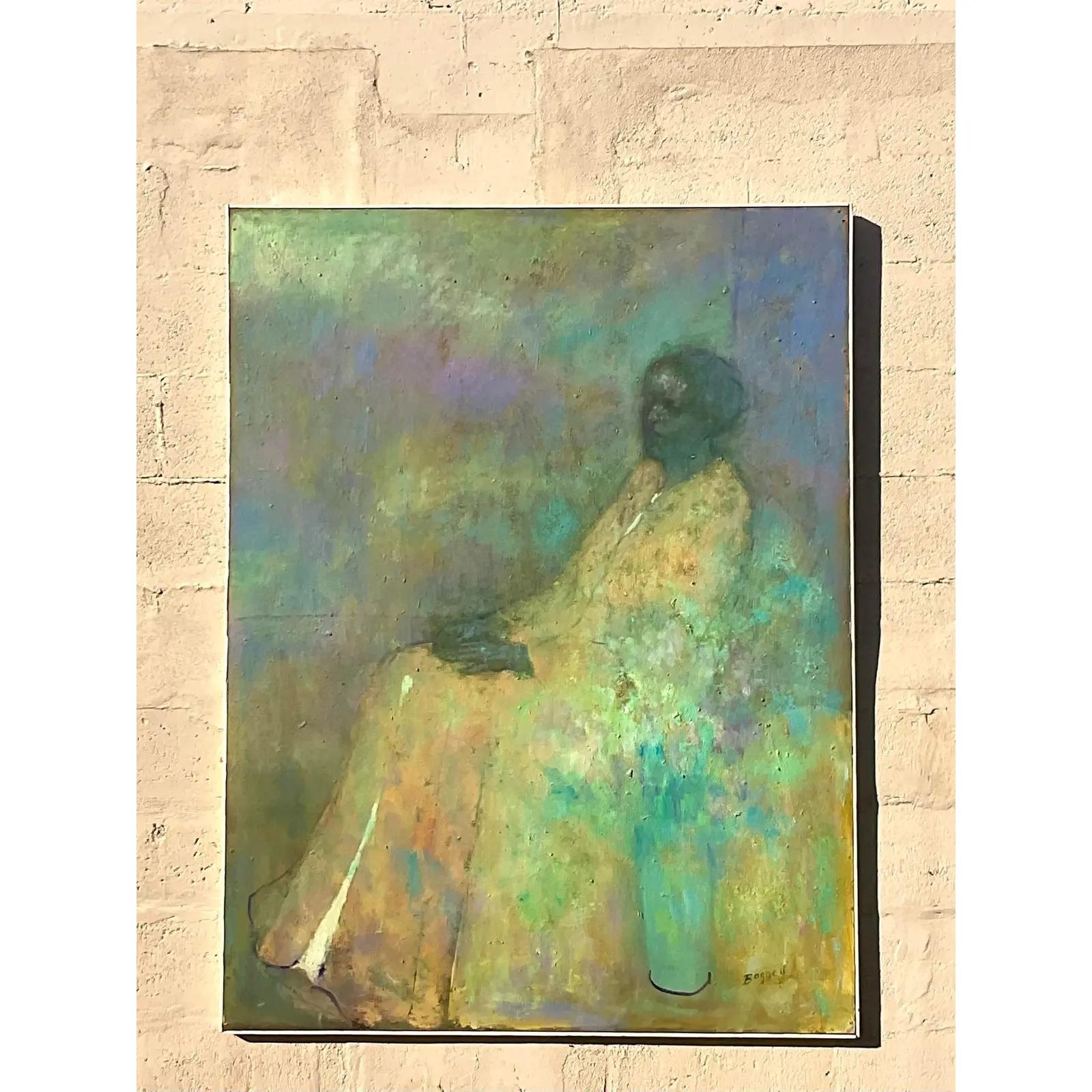 Vintage Original Abstract Expressionist Oil Painting of Woman Signed Bagnell 7