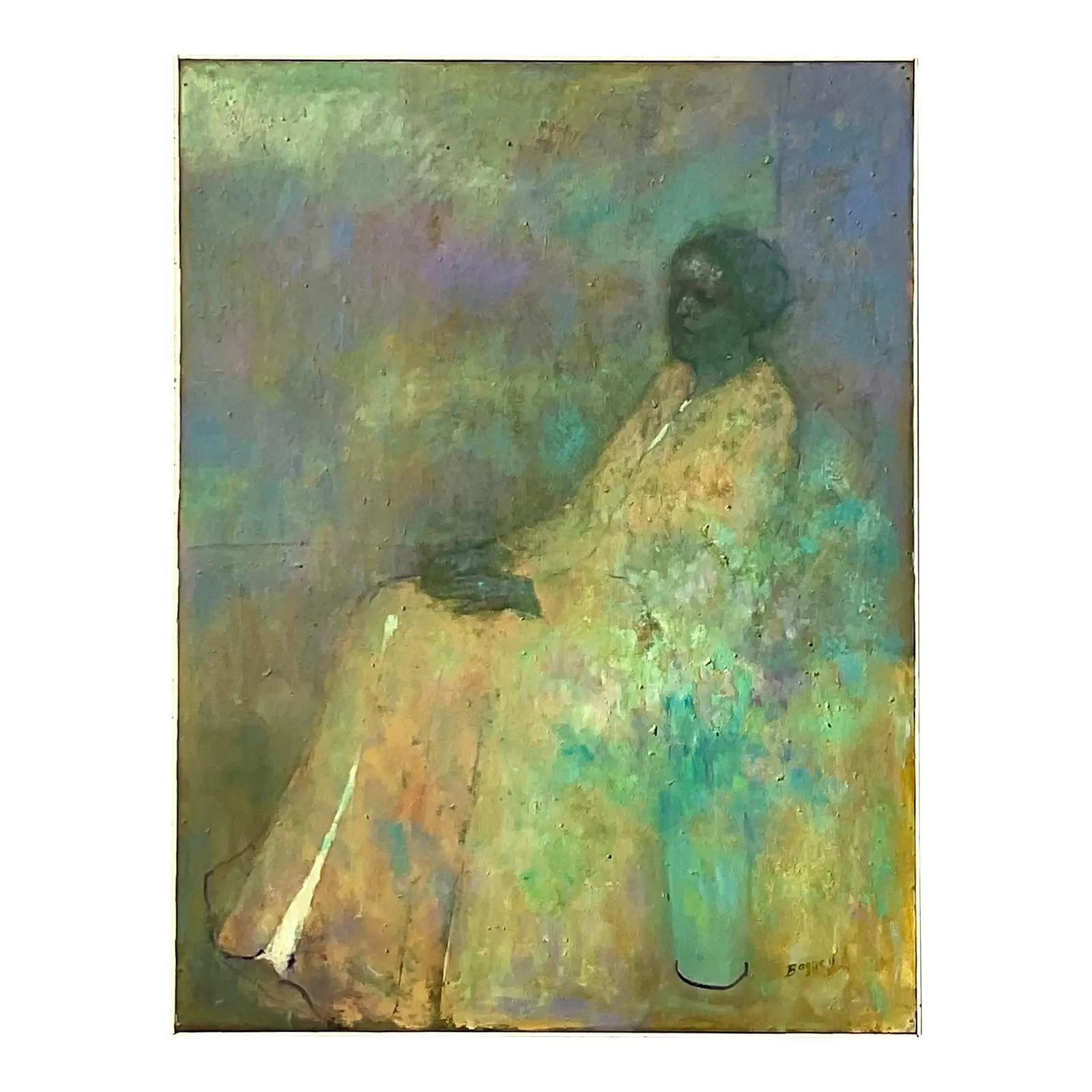 Une exceptionnelle peinture à l'huile originale vintage sur panneau. Grand portrait expressionniste abstrait d'une femme vêtue d'une longue robe. Des couleurs brillantes. Signé par l'artiste Bagnell. Acquis d'une propriété de Palm Beach. 