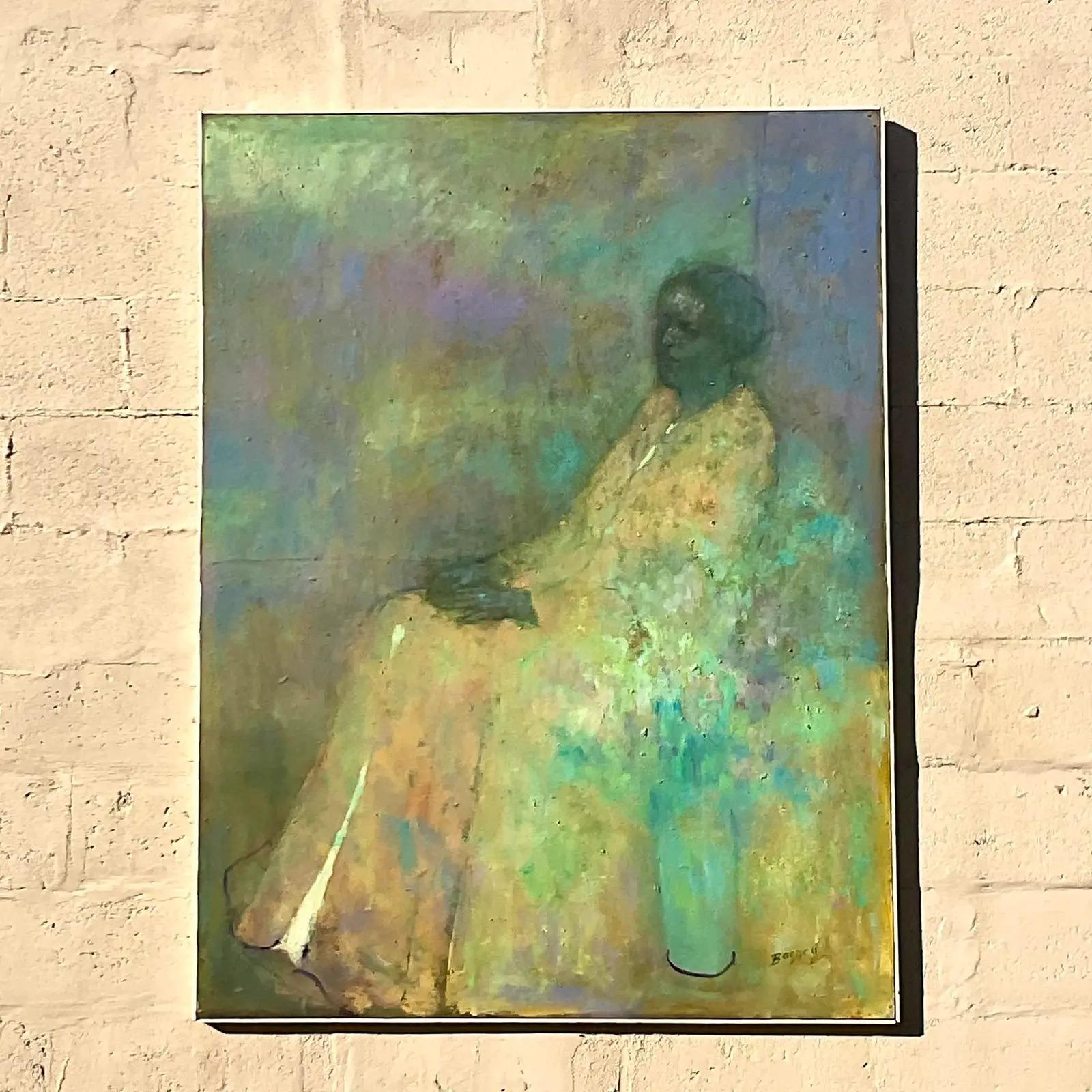 Vintage Original Abstract Expressionist Oil Painting of Woman Signed Bagnell 2
