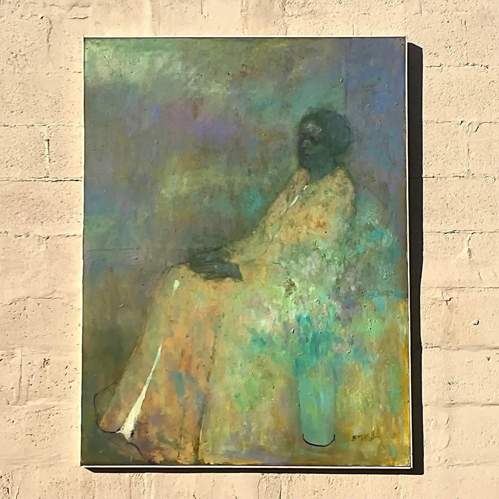 Vintage Original Abstract Expressionist Oil Painting of Woman Signed Bagnell 3
