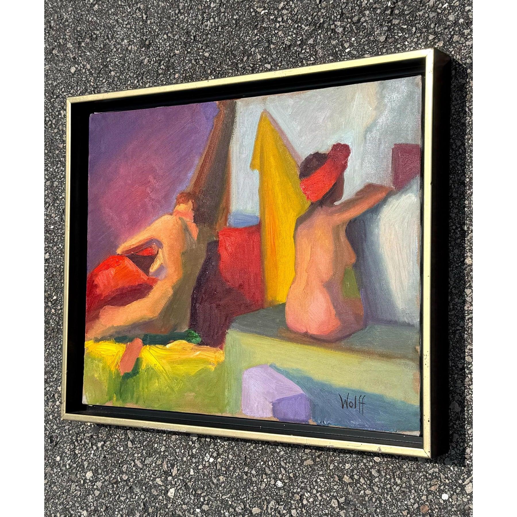 Fangen Sie die Essenz der modernen Kunst der Jahrhundertmitte ein mit diesem Original Vintage Abstract Figural Oil on Canvas, einem auffälligen Werk, das lebendige Farben und kräftige Pinselstriche harmonisch vereint. Die Komposition mit zwei
