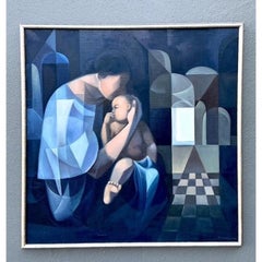 Vintage Original Abstract Figurative Oil Painting of Mother and Child