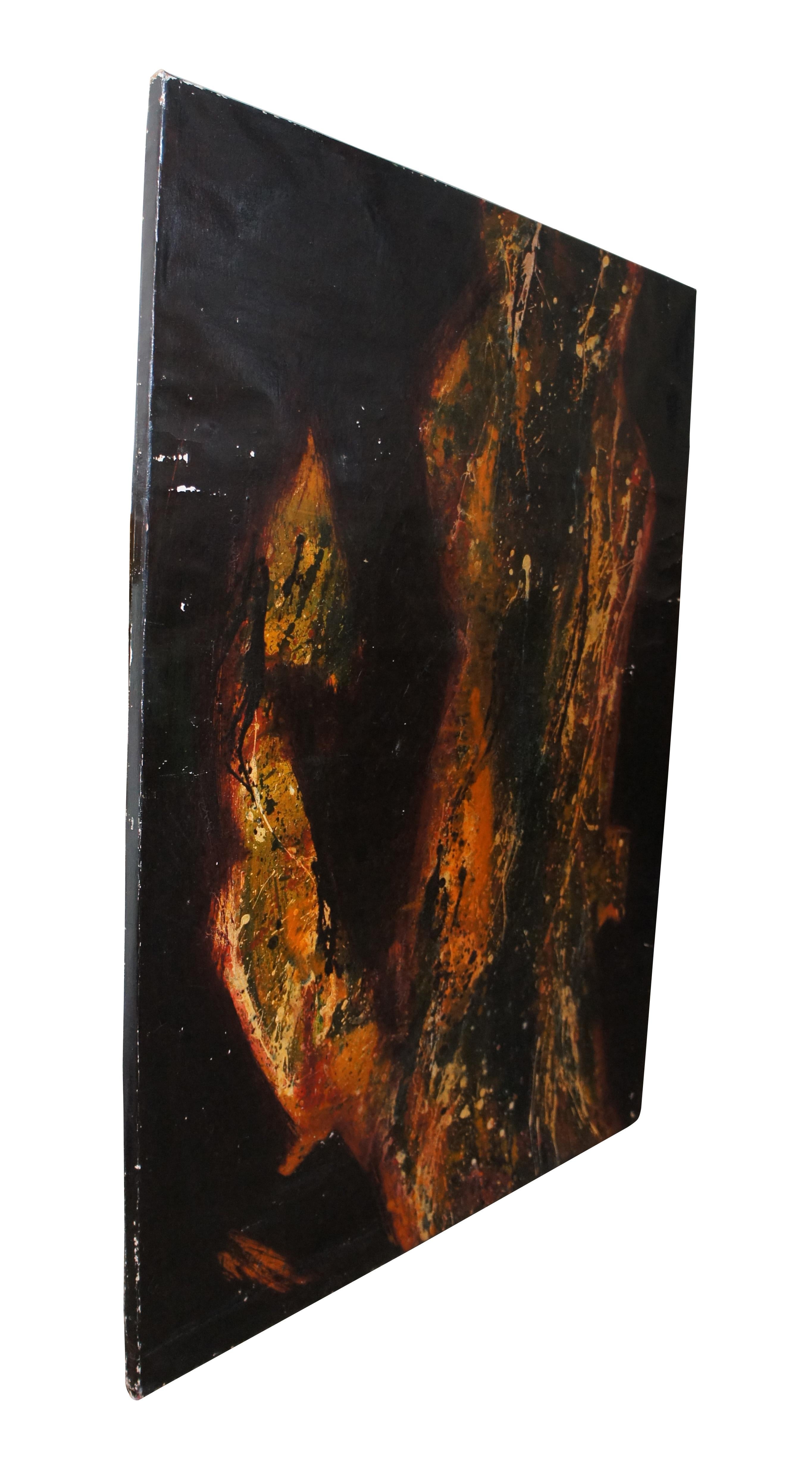 Vintage 1983 oil painting on canvas featuring an abstract fire burning in darkness.  Yellows, orange, red and black.

Dimensions:
36