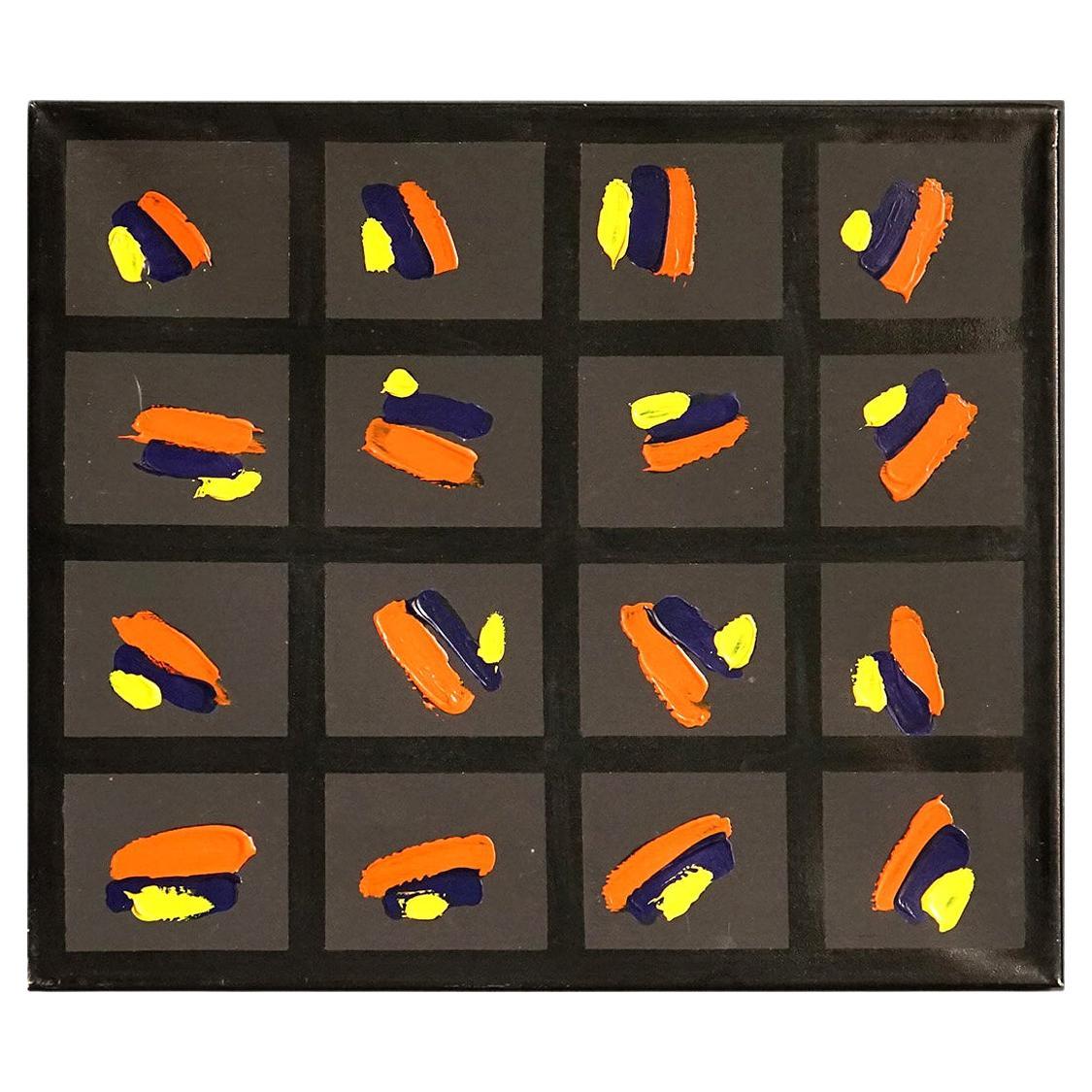Vintage Original Abstract Oil on Canvas Painting 'Black Grid' by Richard Sladden For Sale