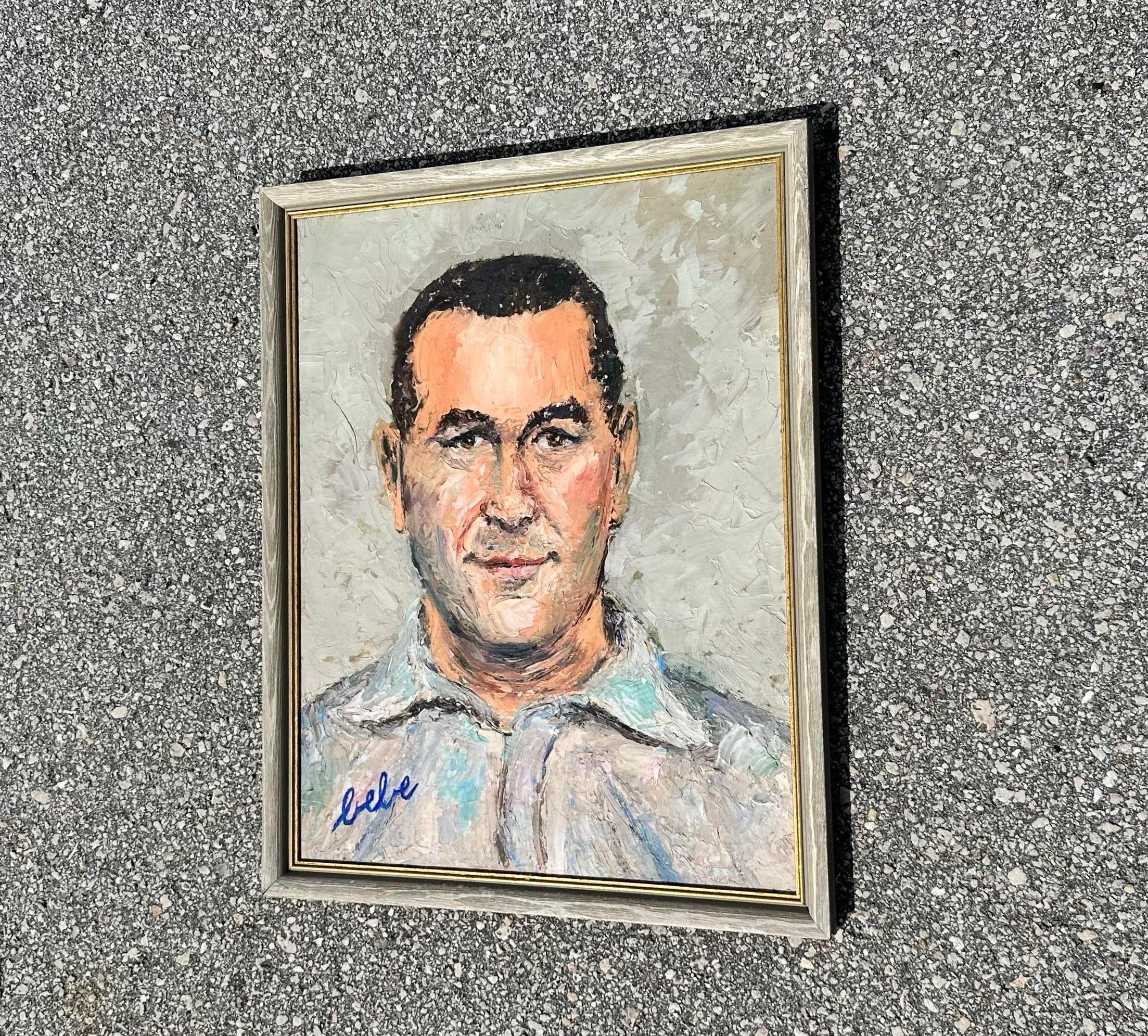 The original portrait depicts a middle aged with a slight smirk in a white collared shirt. The artist uses a unique brush stroke to create an almost blurred effect whilst maintaining the figure. The grey background complements the man’s skin tone.