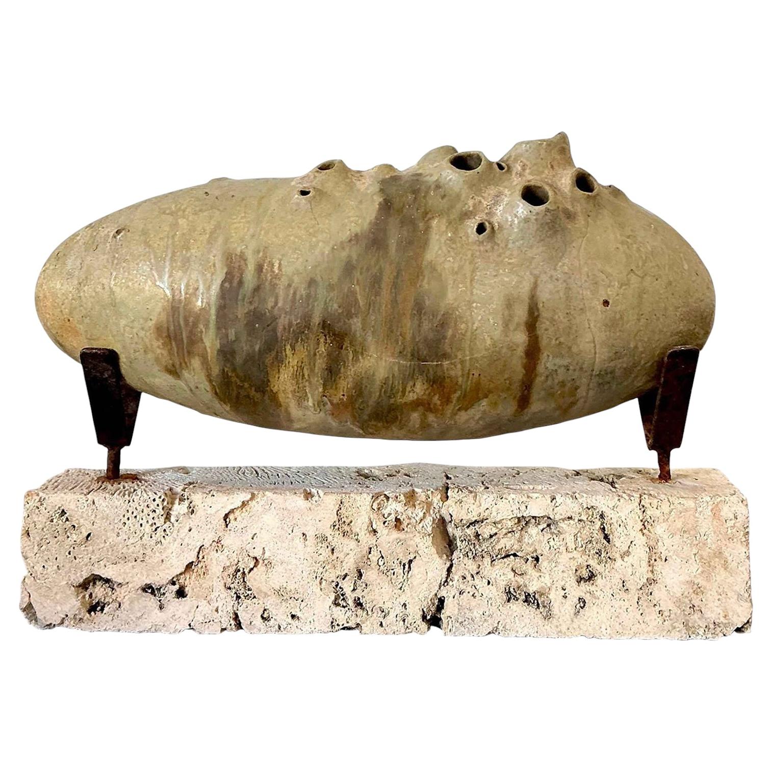 Vintage Original Abstract Studio Pottery Sculpture on Coquina Block Plinth