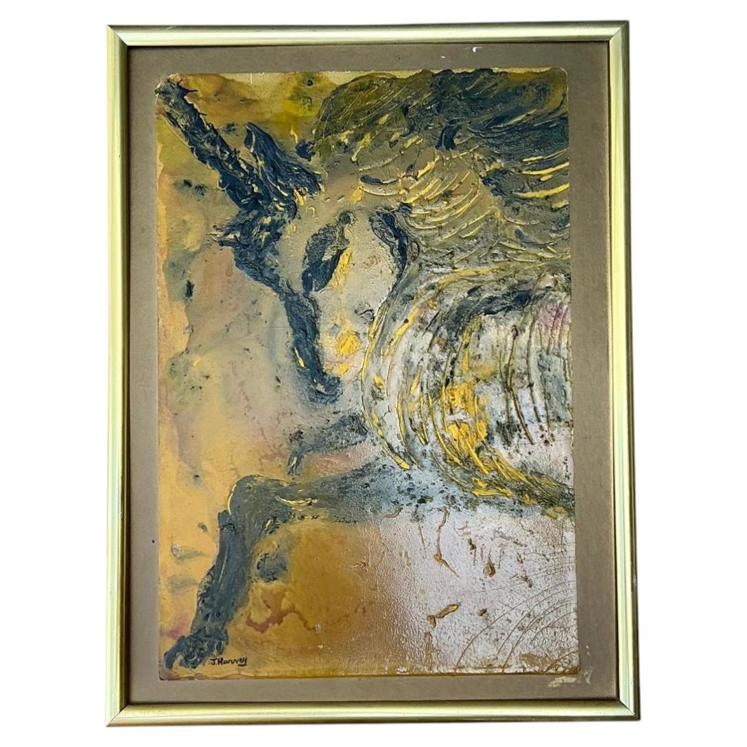 Pittura ad olio acrilica originale vintage di unicorno
