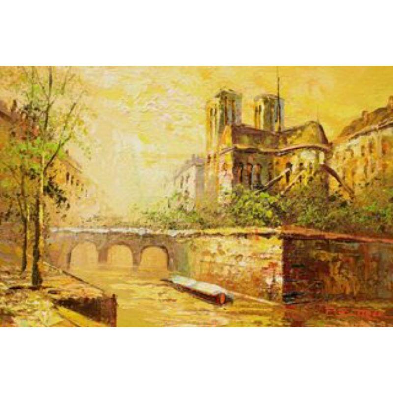 An original acrylic painting on canvas, from the Mid 20th Century. Untitled, (Notre-Dame On Seine). Signed 