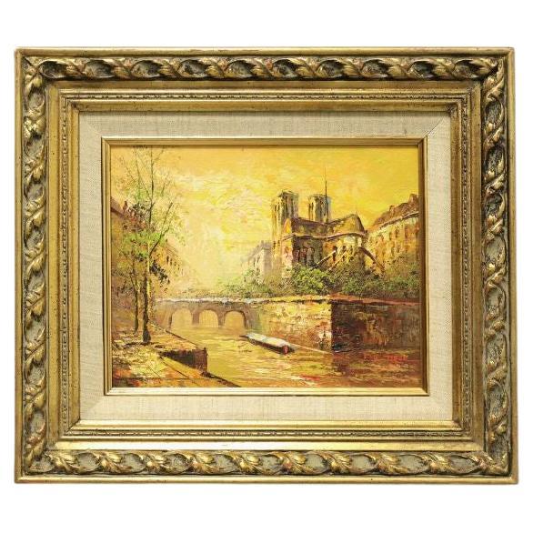 Vintage Original Acrylic on Canvas Painting of Notre-Dame On Seine