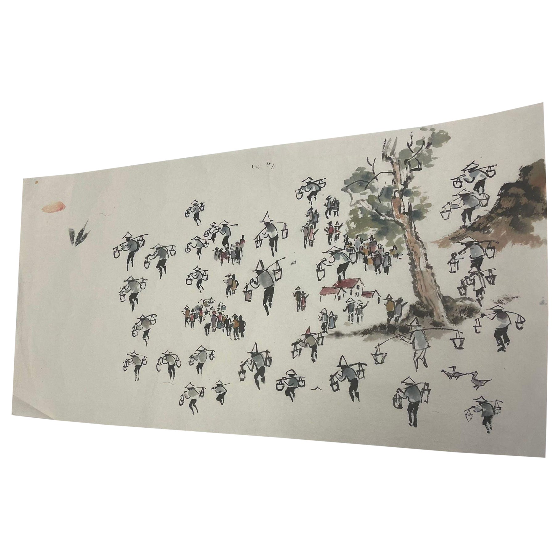 Originales Vintage-Kunstwerk von Menschen in einer Feldlandschaft. im Angebot