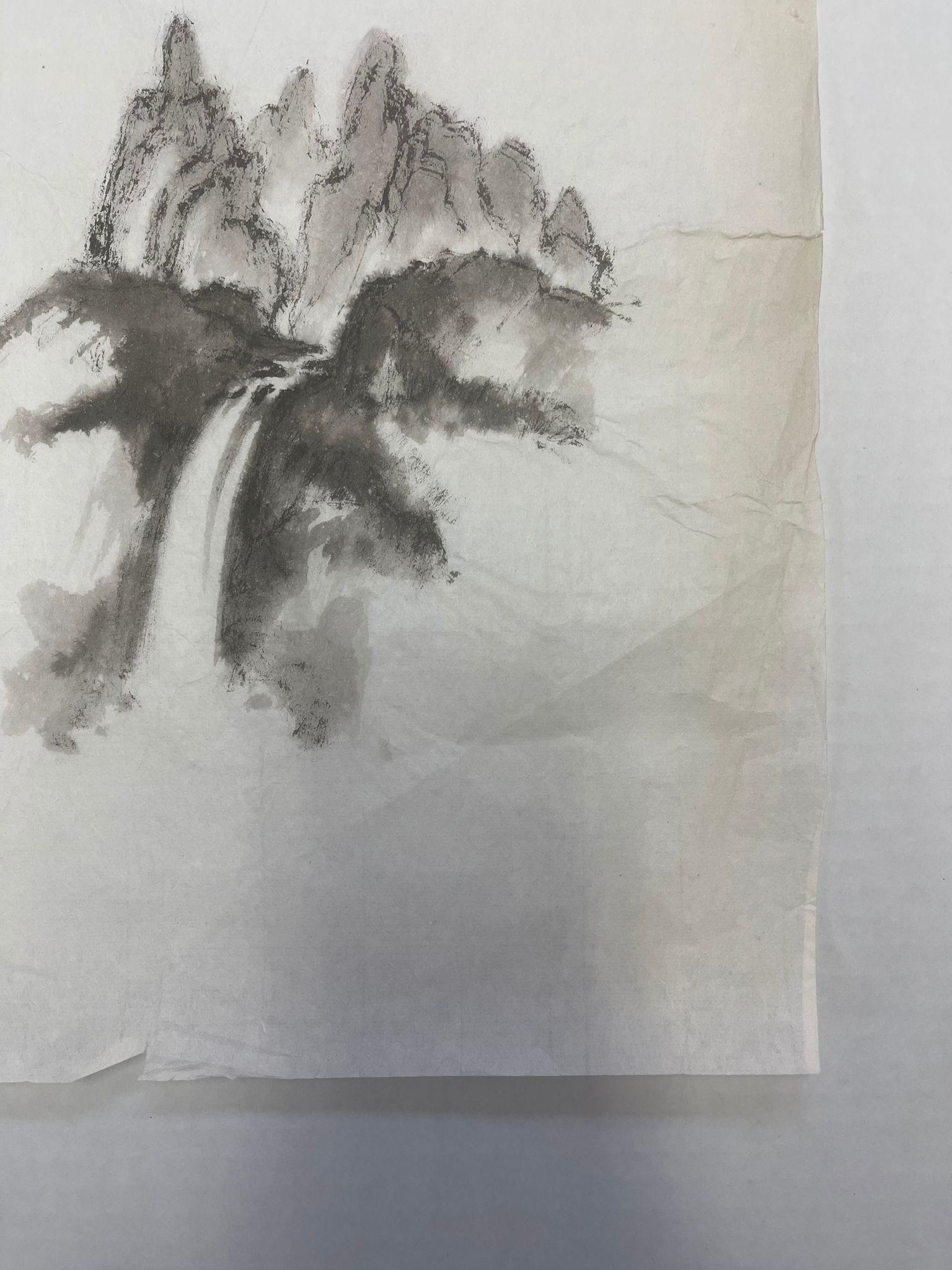 Possibly Watercolor or Pen on Paper. Unsigned Landscape Art of Mountains and waterfall. Vintage Condition Consistent with Age as Pictured 

Dimensions. 16 W ; 24 H