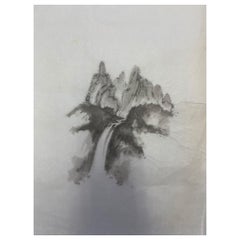 Vintage Original Artwork of Waterfall Landscape on Paper.