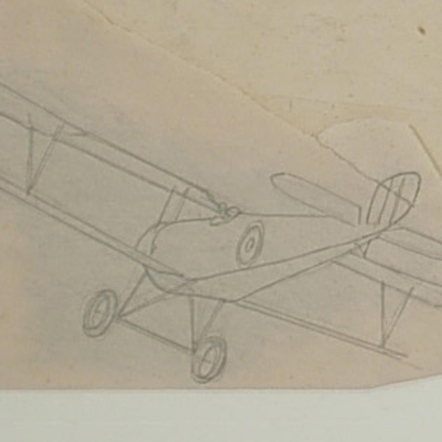 Italian Vintage Original Aviaiton Pencil-Drawing Depicting Nieuport 11 Bebe WWI Aircraft