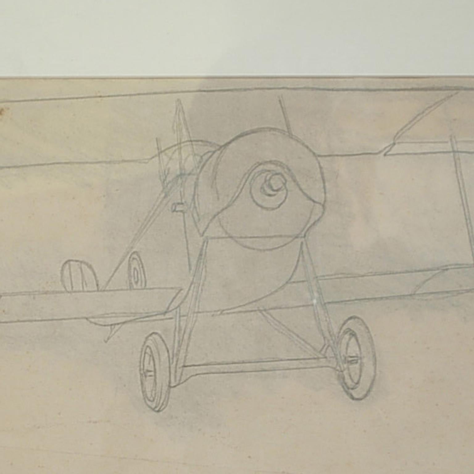 Vintage Original Aviaiton Pencil-Drawing Depicting Nieuport 11 Bebe WWI Aircraft In Excellent Condition In Milan, IT