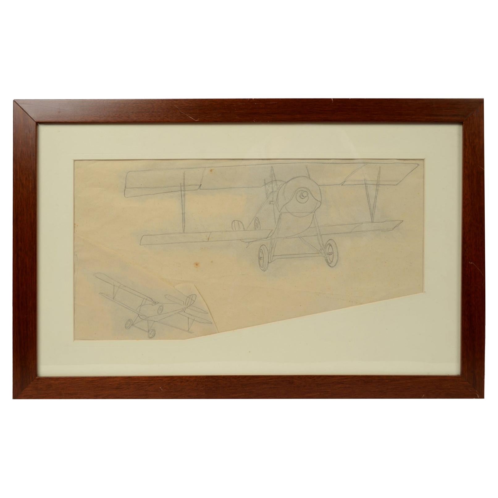 Vintage Original Aviaiton Pencil-Drawing Depicting Nieuport 11 Bebe WWI Aircraft