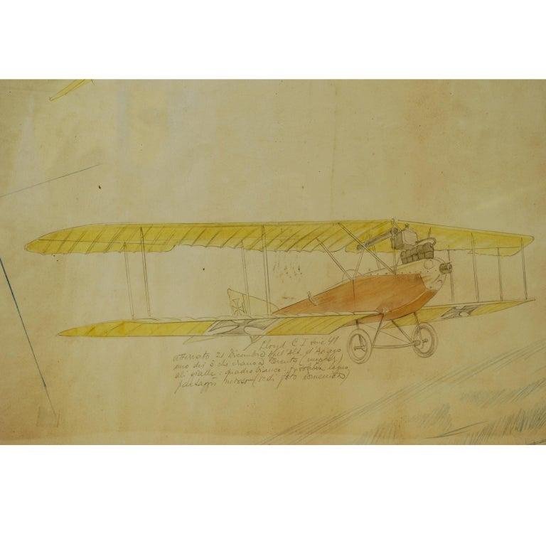Watercolor, pastel and pencil depicting three different biplane airplanes, drawn by Riccardo Cavigioli in the early 1920s. Lower half 1= two-seat biplane for reconnaissance Lloyd C I, 41 series, developed in 1914. Upper half from left: 2= two-seat