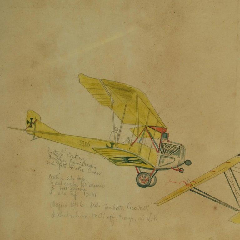 italien Drawing d'aviation original vintage représentant trois avions différents de la Première Guerre mondiale en vente