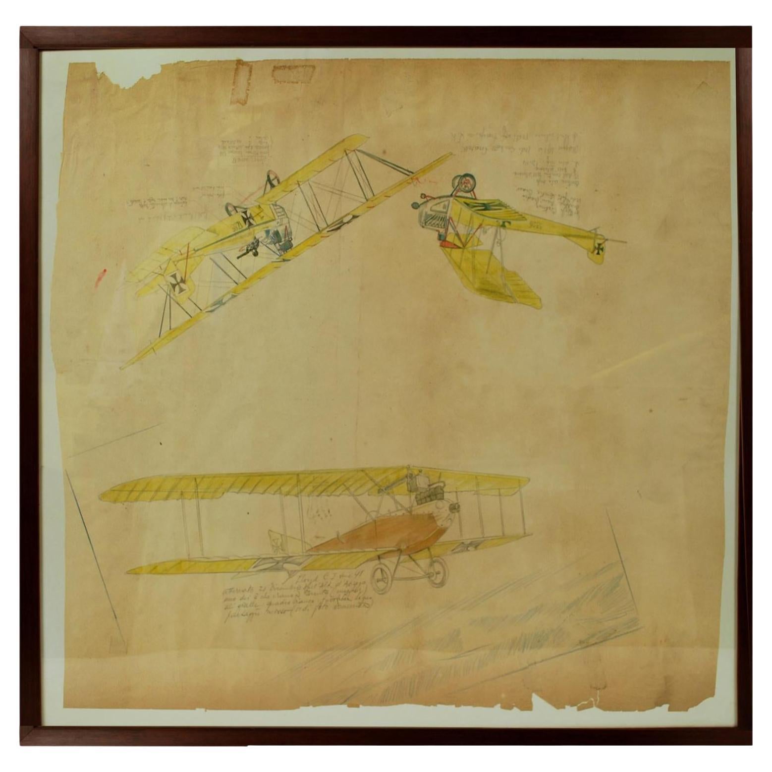 Vintage Original Aviation Drawing Depicting Three Different Biplane WWI Aircraft
