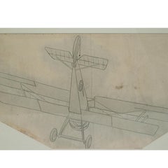 Disegno originale d'epoca a matita dell'aviazione raffigurante un aereo Hanriot HD 1 della prima guerra mondiale
