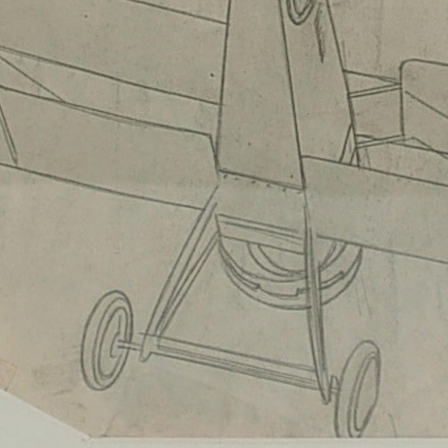 Original Vintage Original Aviation Bleistiftzeichnung eines Hanriot HD 1 WWI-Flugzeugs, Vintage (Italienisch) im Angebot