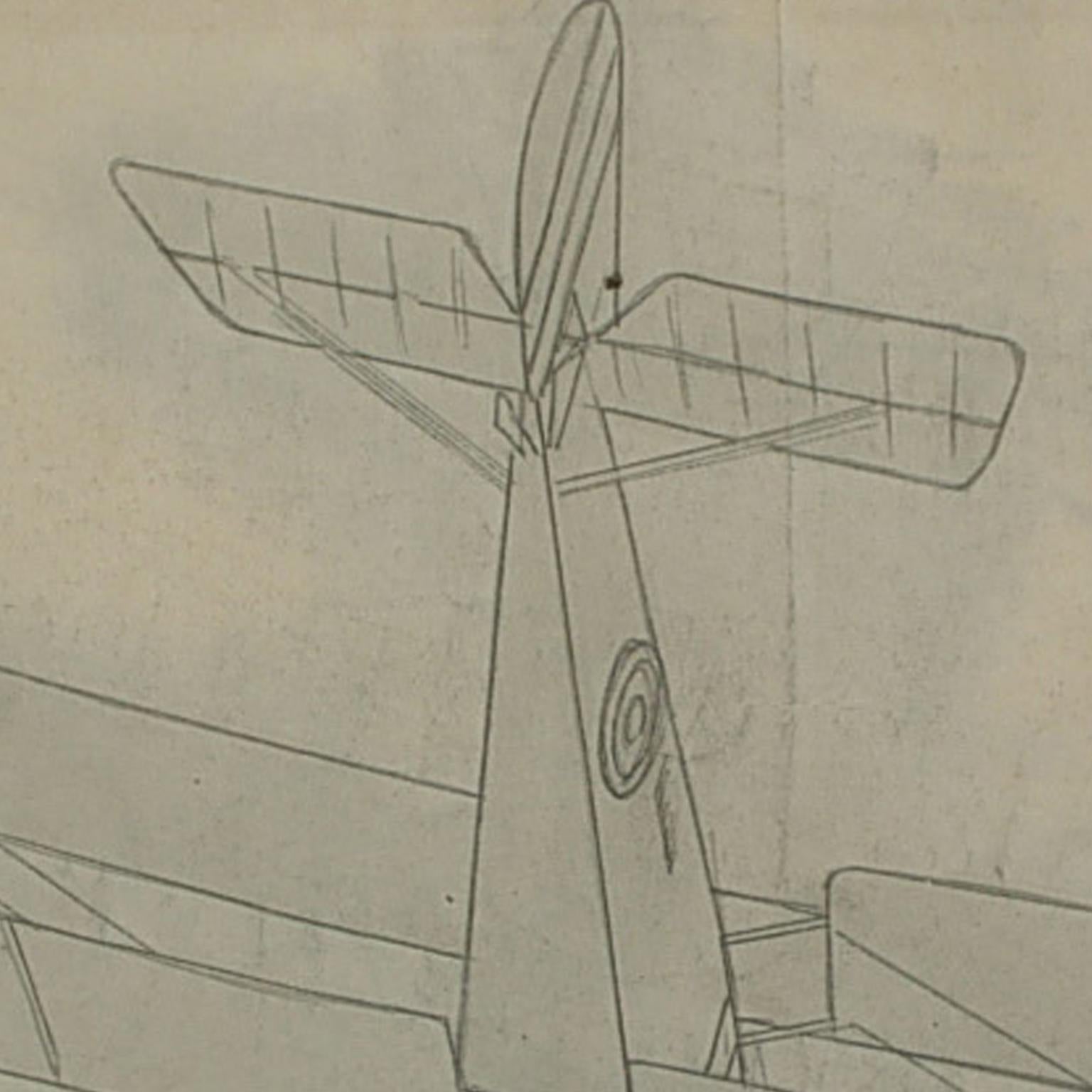 Original Vintage Original Aviation Bleistiftzeichnung eines Hanriot HD 1 WWI-Flugzeugs, Vintage im Zustand „Hervorragend“ im Angebot in Milan, IT